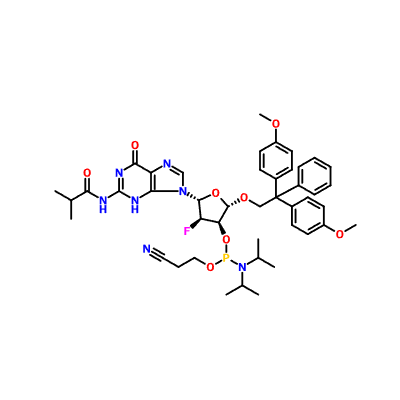 CAS 144089-97-4|5'-O-[bis(4-metoksüfenüül)fenüülmetüül]-2'-deoksü-2'-fluoro-N-(2-metüül-1-oksopropüül) guanosiin-3'-[2-tsüanoetüül-N,N-bis(1-metüületüül)fosforamidiit]